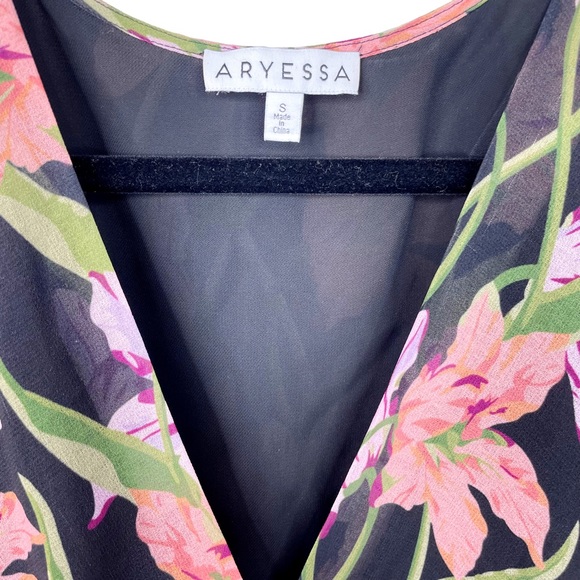 Anthropologie Aryessa Trellis Floral Wrap Dress Balloon Sleeve Small Black Pink - Picture 10 of 15